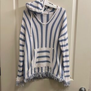 Elan Blue and White Striped V-Neck Sweater